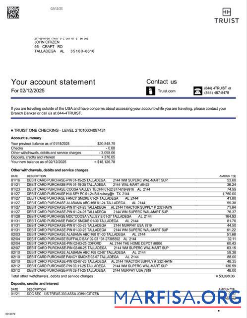 Realistic USA Truist bank statement word template